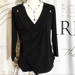 NWOT Silky Black Side-Zip Surplus Wrap Top